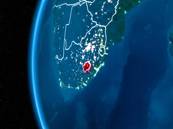 Lesotho uzay yörüngeye görünümünü görünür ülke sınırları ve şehir ışıkları ile gece Planet Earth kırmızı vurgulanır. 3D çizim. Nasa tarafından döşenmiş bu görüntü unsurları.