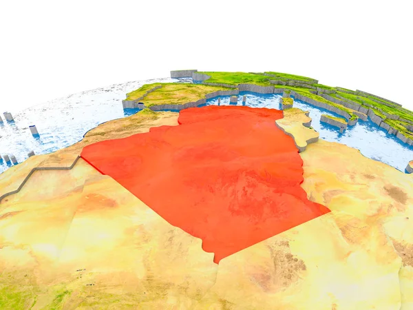 Cezayir dünya gerçekçi arazi yüzeyi, görünür ülke sınırları ve okyanuslar yerine su üzerinde kırmızı vurgulanır. 3D çizim. Nasa tarafından döşenmiş bu görüntü unsurları.