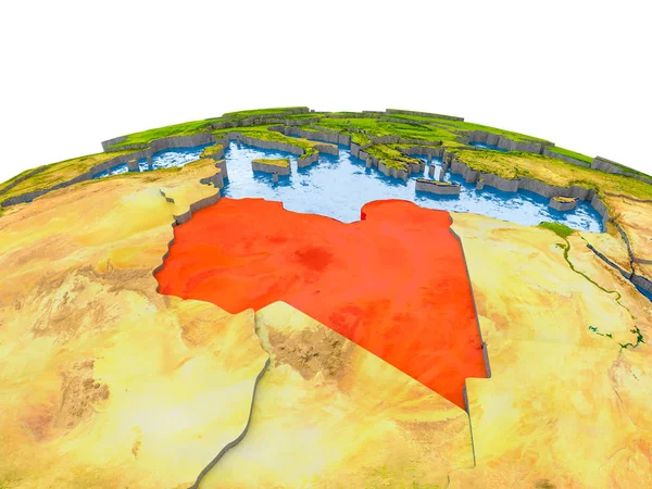 Libya gerçekçi arazi yüzeyi, görünür ülke sınırları ve okyanuslar yerine su ile dünya üzerinde kırmızı vurgulanır. 3D çizim. Nasa tarafından döşenmiş bu görüntü unsurları.