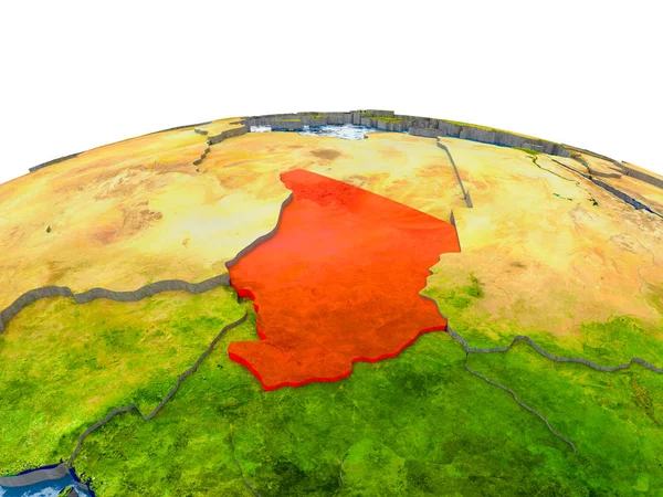 Chad highlighted in red on globe with realistic land surface, visible country borders and water in place of oceans. 3D illustration. Elements of this image furnished by NASA.