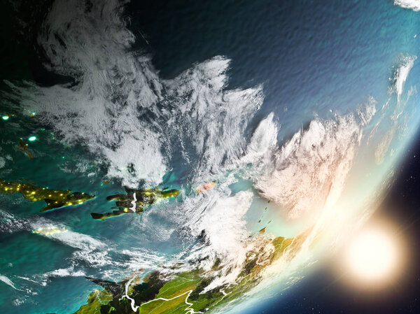 Puerto Rico from space with highly detailed surface textures and visible country borders. 3D illustration. Elements of this image furnished by NASA.