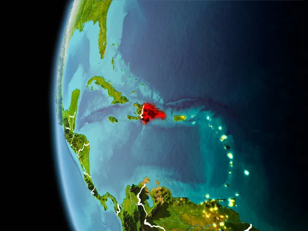 Dominik Cumhuriyeti Planet Earth görünür kenarlık çizgisi ve şehir ışıkları ile uzaydan görüldüğü gibi akşam. 3D çizim. Nasa tarafından döşenmiş bu görüntü unsurları.