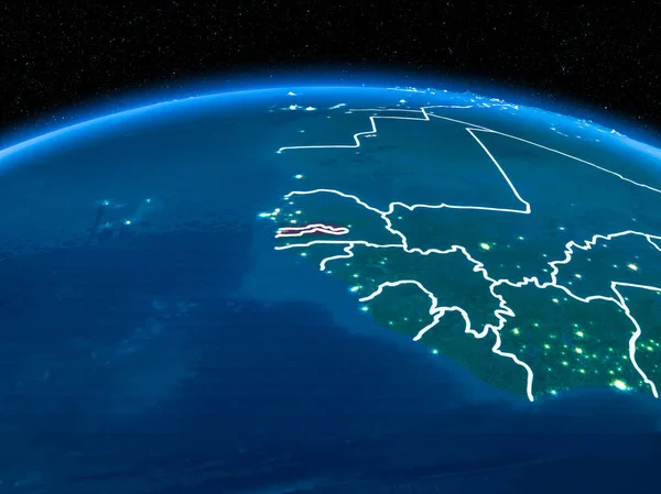 Gambiya görünümünü yörünge kırmızı görünür sınır çizgileri ve şehir ışıkları Planet Earth geceleri altını çizdi. 3D çizim. Nasa tarafından döşenmiş bu görüntü unsurları.