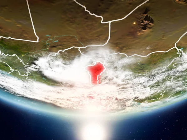 Benin son derece detaylı yüzey dokuları ve görünür ülke sınırları ile Sunrise Dünya gezegeninin yörüngeden. 3D çizim. Nasa tarafından döşenmiş bu görüntü unsurları.