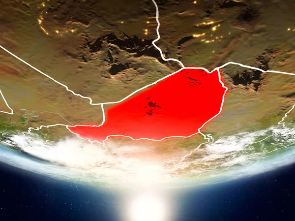 Nijer Sunrise son derece detaylı yüzey dokuları ve görünür ülke sınırları ile Dünya gezegeninin yörüngeden. 3D çizim. Nasa tarafından döşenmiş bu görüntü unsurları.