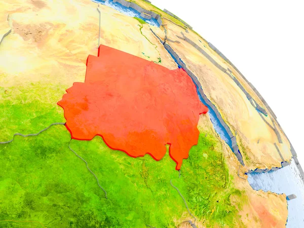 Glob görünür ülke sınırları ve okyanusların su ile gerçekçi yüzeyli kırmızı vurgulanır Sudan Illustration. 3D çizim. Nasa tarafından döşenmiş bu görüntü unsurları.
