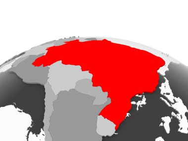 Brezilya kırmızı şeffaf okyanuslar ile siyasi dünyanın gri modeli. 3D çizim.