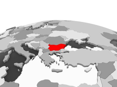 Bulgaristan kırmızı şeffaf okyanuslar ile siyasi dünyanın gri modeli. 3D çizim.