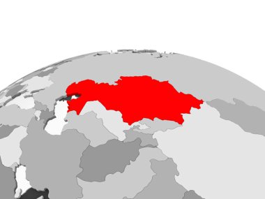 Kazakistan kırmızı şeffaf okyanuslar ile siyasi dünyanın gri modeli. 3D çizim.