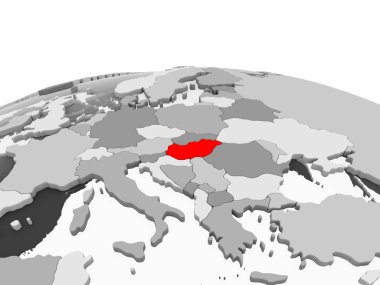 Macaristan kırmızı şeffaf okyanuslar ile siyasi dünyanın gri modeli. 3D çizim.