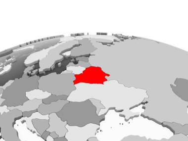 Kırmızı gri modeli şeffaf okyanuslar ile siyasi dünya bir Beyaz Rusya. 3D çizim.
