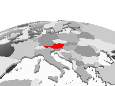 Avusturya kırmızı şeffaf okyanuslar ile siyasi dünyanın gri modeli. 3D çizim.