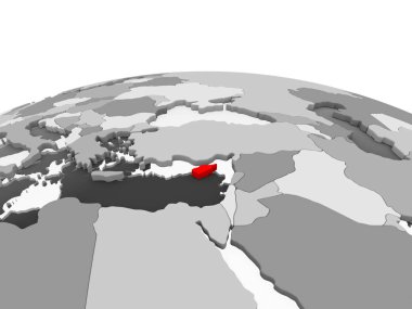 Kıbrıs kırmızı şeffaf okyanuslar ile siyasi dünyanın gri modeli. 3D çizim.