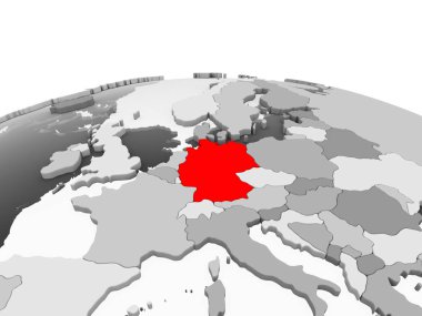 Almanya'da kırmızı şeffaf okyanuslar ile siyasi dünyanın gri modeli. 3D çizim.