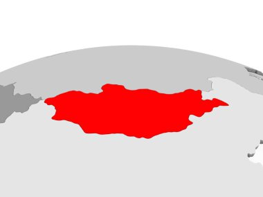 Moğolistan kırmızı şeffaf okyanuslar ile siyasi dünyanın gri modeli. 3D çizim.
