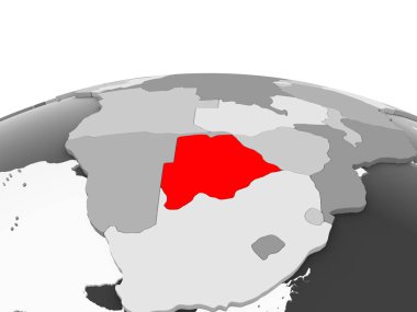 Botsvana kırmızı şeffaf okyanuslar ile siyasi dünyanın gri modeli. 3D çizim.