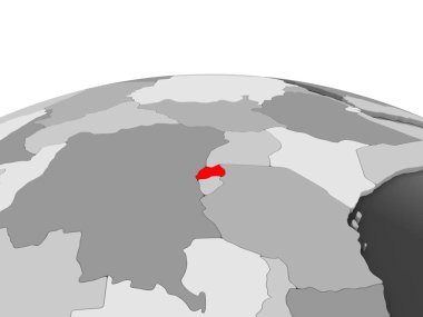 Ruanda kırmızı şeffaf okyanuslar ile siyasi dünyanın gri modeli. 3D çizim.