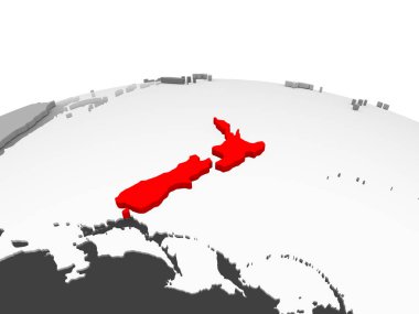 Yeni Zelanda kırmızı şeffaf okyanuslar ile siyasi dünyanın gri modeli. 3D çizim.