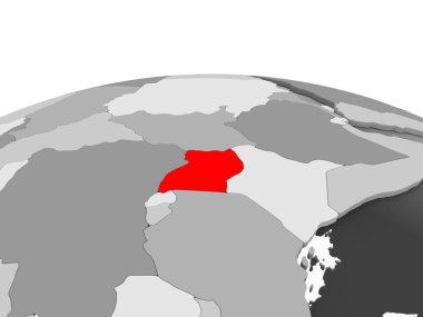 Uganda kırmızı şeffaf okyanuslar ile siyasi dünyanın gri modeli. 3D çizim.