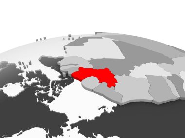 Gine kırmızı şeffaf okyanuslar ile siyasi dünyanın gri modeli. 3D çizim.