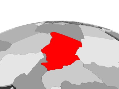 Chad kırmızı şeffaf okyanuslar ile siyasi dünyanın gri modeli. 3D çizim.