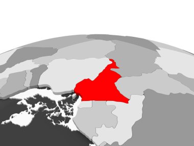 Kamerun kırmızı şeffaf okyanuslar ile siyasi dünyanın gri modeli. 3D çizim.