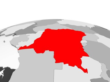 Demokratik Kongo Cumhuriyeti kırmızı şeffaf okyanuslar ile siyasi dünyanın gri modeli. 3D çizim.