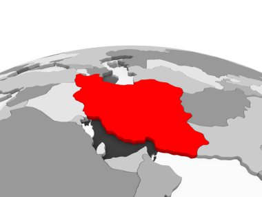 İran'da kırmızı şeffaf okyanuslar ile siyasi dünyanın gri modeli. 3D çizim.