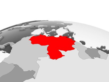 Venezuela kırmızı şeffaf okyanuslar ile siyasi dünyanın gri modeli. 3D çizim.