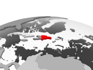 Dominik Cumhuriyeti kırmızı şeffaf okyanuslar ile siyasi dünyanın gri modeli. 3D çizim.