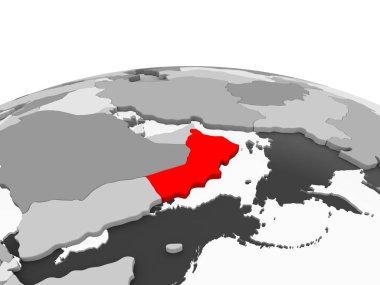 Umman kırmızı şeffaf okyanuslar ile siyasi dünyanın gri modeli. 3D çizim.