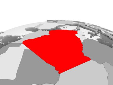 Cezayir kırmızı şeffaf okyanuslar ile siyasi dünyanın gri modeli. 3D çizim.