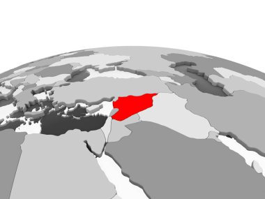 Suriye kırmızı şeffaf okyanuslar ile siyasi dünyanın gri modeli. 3D çizim.