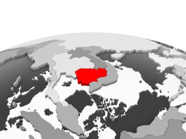 Kamboçya'da kırmızı şeffaf okyanuslar ile siyasi dünyanın gri modeli. 3D çizim.