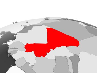 Mali kırmızı şeffaf okyanuslar ile siyasi dünyanın gri modeli. 3D çizim.