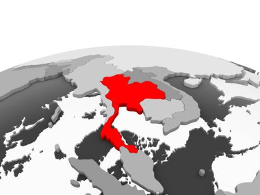 Tayland kırmızı şeffaf okyanuslar ile siyasi dünyanın gri modeli. 3D çizim.