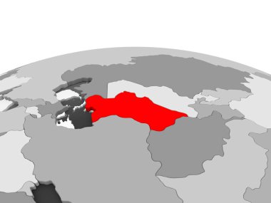 Türkmenistan kırmızı şeffaf okyanuslar ile siyasi dünyanın gri modeli. 3D çizim.