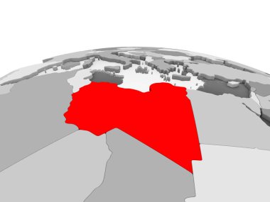 Libya kırmızı şeffaf okyanuslar ile siyasi dünyanın gri modeli. 3D çizim.
