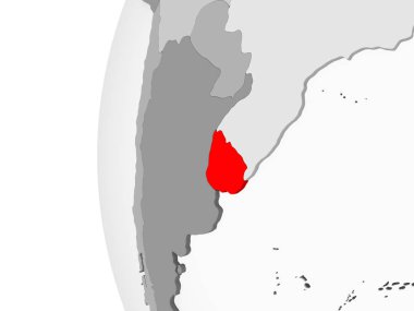 Uruguay vurgulanan gri, şeffaf okyanuslar ile siyasi dünya 3d modeli. 3D çizim.