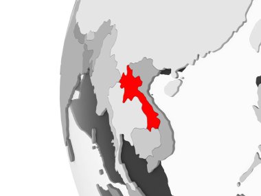 Laos vurgulanan gri, şeffaf okyanuslar ile siyasi dünya 3d modeli. 3D çizim.