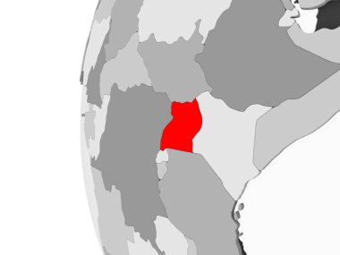 Uganda vurgulanan gri, şeffaf okyanuslar ile siyasi dünya 3d modeli. 3D çizim.