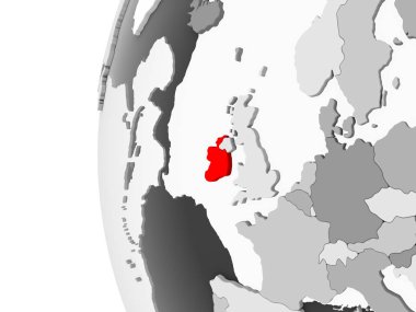 İrlanda vurgulanan gri, şeffaf okyanuslar ile siyasi dünya 3d modeli. 3D çizim.