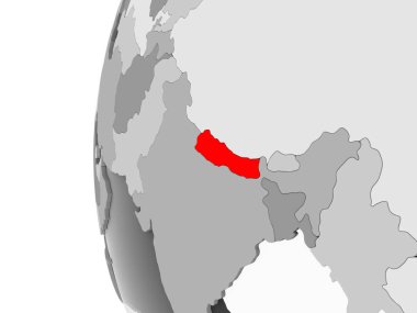 Nepal vurgulanan gri, şeffaf okyanuslar ile siyasi dünya 3d modeli. 3D çizim.
