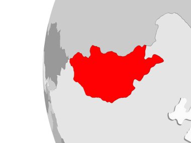 Moğolistan vurgulanan gri, şeffaf okyanuslar ile siyasi dünya 3d modeli. 3D çizim.
