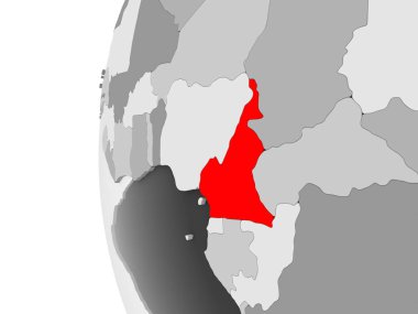 Kamerun vurgulanan gri, şeffaf okyanuslar ile siyasi dünya 3d modeli. 3D çizim.