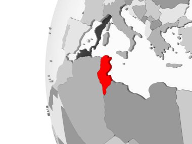 Tunus vurgulanan gri, şeffaf okyanuslar ile siyasi dünya 3d modeli. 3D çizim.