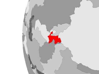 Tacikistan vurgulanan gri, şeffaf okyanuslar ile siyasi dünya 3d modeli. 3D çizim.