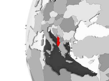 Arnavutluk vurgulanan gri, şeffaf okyanuslar ile siyasi dünya 3d modeli. 3D çizim.