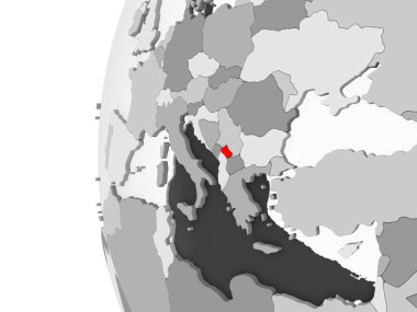 Kosova vurgulanan gri, şeffaf okyanuslar ile siyasi dünya 3d modeli. 3D çizim.
