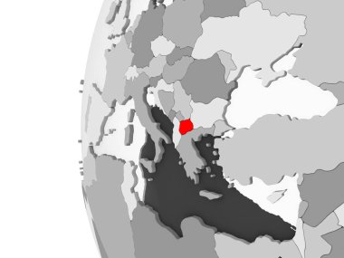 Makedonya vurgulanan gri, şeffaf okyanuslar ile siyasi dünya 3d modeli. 3D çizim.